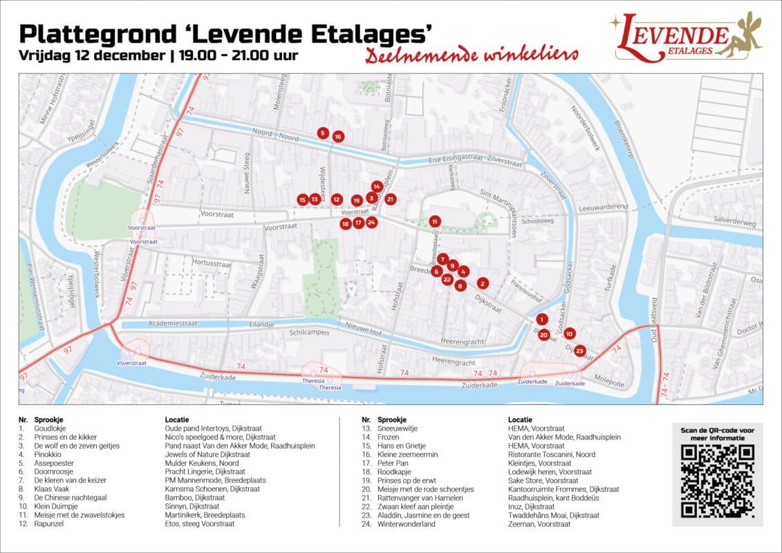 Plattegrond van de route langs de levende etalages (editie 2025)
